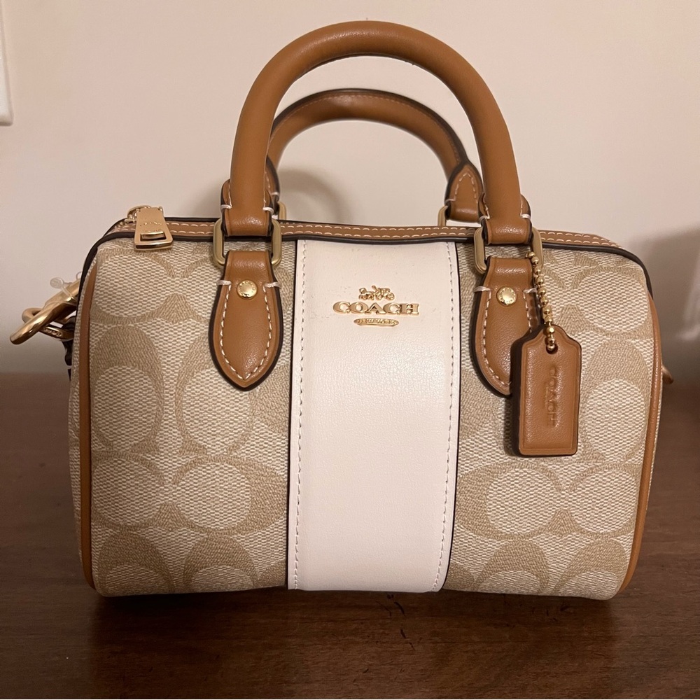 Coach Beige Signature w/cream stripe mini Rowan satchel, gold hardware,crossbody
